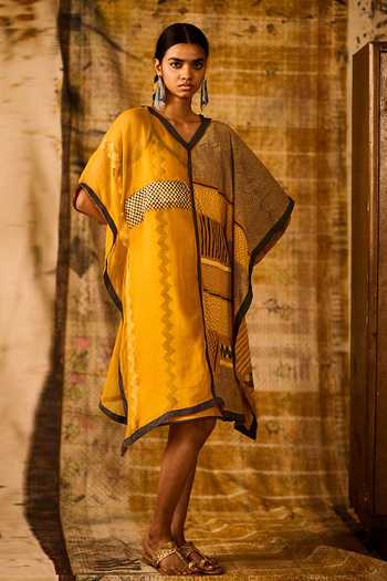 Buy_Banana Labs_Yellow Cotton, Kota Doria, Denim V-neck Chevron Hand Block Print Kaftan _at_Aza_Fashions