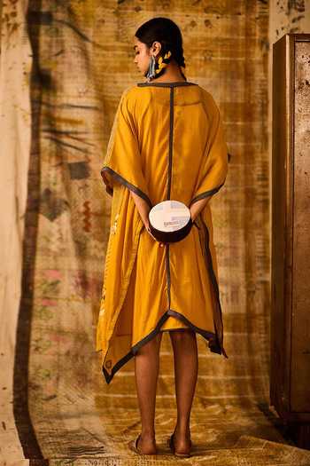 Shop_Banana Labs_Yellow Cotton, Kota Doria, Denim V-neck Chevron Hand Block Print Kaftan _at_Aza_Fashions