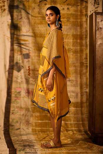 Banana Labs_Yellow Cotton, Kota Doria, Denim V-neck Chevron Hand Block Print Kaftan _Online_at_Aza_Fashions