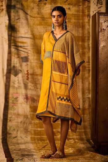 Buy_Banana Labs_Yellow Cotton, Kota Doria, Denim V-neck Chevron Hand Block Print Kaftan _Online_at_Aza_Fashions