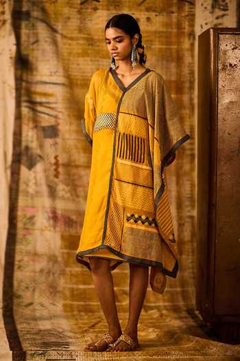 Shop_Banana Labs_Yellow Cotton, Kota Doria, Denim V-neck Chevron Hand Block Print Kaftan _Online_at_Aza_Fashions