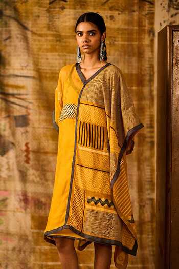 Banana Labs_Yellow Cotton, Kota Doria, Denim V-neck Chevron Hand Block Print Kaftan _at_Aza_Fashions