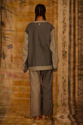 Shop_BANANA labs_Blue Denim Hand Block Print Jacket And Pant Set _at_Aza_Fashions
