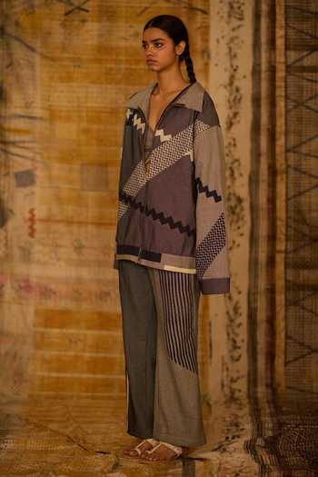 Shop_BANANA labs_Blue Denim Hand Block Print Jacket And Pant Set _Online_at_Aza_Fashions