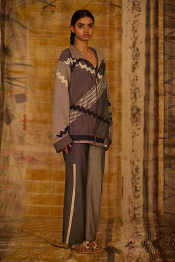 BANANA labs_Blue Denim Hand Block Print Jacket And Pant Set _at_Aza_Fashions