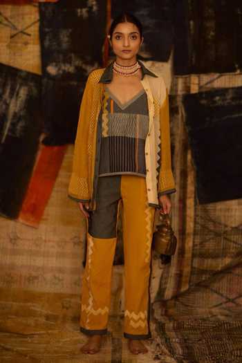 Buy_Banana Labs_Yellow Cotton, Kota Doria, Denim Stripe Hand Block Print Shirt And Pant Set _at_Aza_Fashions