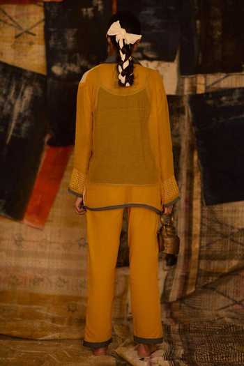 Shop_Banana Labs_Yellow Cotton, Kota Doria, Denim Stripe Hand Block Print Shirt And Pant Set _at_Aza_Fashions