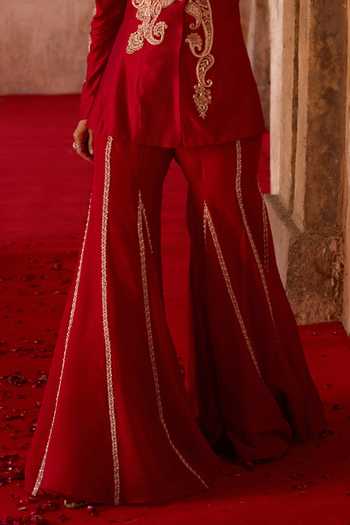 Charu And Vasundhara_Red Silk, Tissue, Taffeta Zari V-neck Tevora Paisley Pattern Jacket Palazzo Set _Online_at_Aza_Fashions