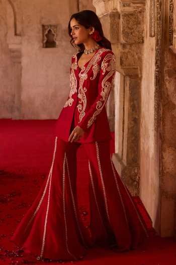 Buy_Charu And Vasundhara_Red Silk, Tissue, Taffeta Zari V-neck Tevora Paisley Pattern Jacket Palazzo Set _Online_at_Aza_Fashions