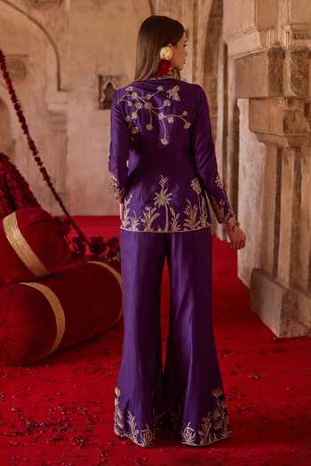 Shop_Charu And Vasundhara_Purple Silk, Organza, Tissue, Taffeta Embroidery Tavora Jacket And Palazzo Set _at_Aza_Fashions