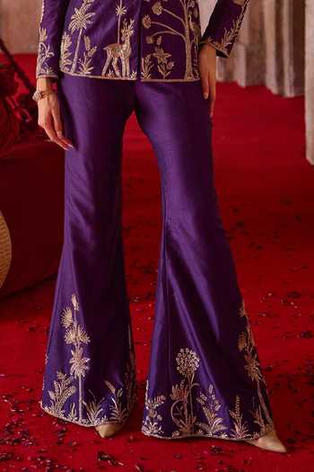 Shop_Charu And Vasundhara_Purple Silk, Organza, Tissue, Taffeta Embroidery Tavora Jacket And Palazzo Set _Online_at_Aza_Fashions