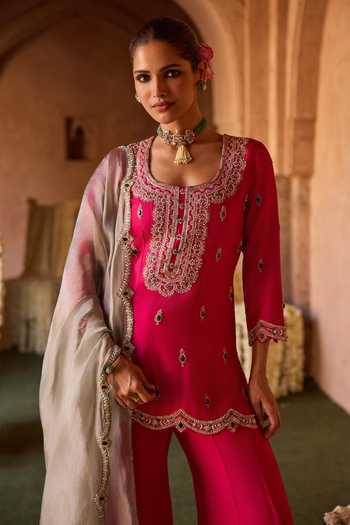 Charu And Vasundhara_Pink Silk, Organza, Taffeta Scoop Terina Stone Embellished Kurta Sharara Set _Online_at_Aza_Fashions