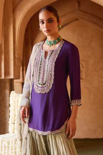 Charu And Vasundhara_Purple Silk, Satin, Tissue V-neck Tamiya Stonework Kurta Sharara Set _Online_at_Aza_Fashions