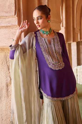 Shop_Charu And Vasundhara_Purple Silk, Satin, Tissue V-neck Tamiya Stonework Kurta Sharara Set _Online_at_Aza_Fashions