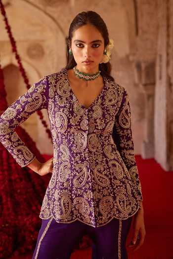 Charu And Vasundhara_Purple Silk, Tissue, Taffeta Talyra Paisley Embroidered Kurta And Sharara Set _Online_at_Aza_Fashions