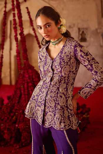 Shop_Charu And Vasundhara_Purple Silk, Tissue, Taffeta Talyra Paisley Embroidered Kurta And Sharara Set _Online_at_Aza_Fashions