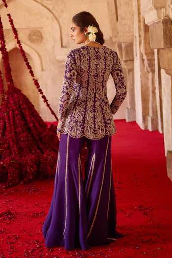 Shop_Charu And Vasundhara_Purple Silk, Tissue, Taffeta Talyra Paisley Embroidered Kurta And Sharara Set _at_Aza_Fashions