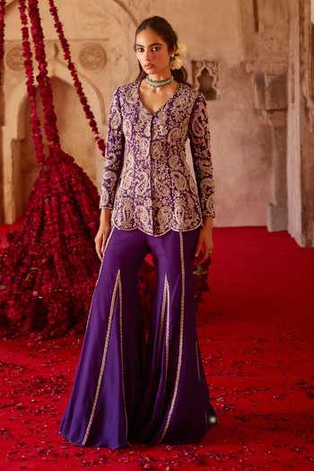 Charu And Vasundhara_Purple Silk, Tissue, Taffeta Talyra Paisley Embroidered Kurta And Sharara Set _at_Aza_Fashions
