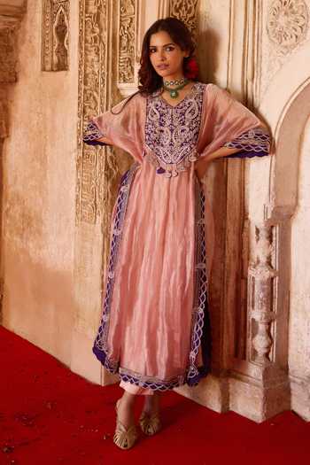 Buy_Charu And Vasundhara_Pink Silk, Organza, Tissue, Tussar, Tavleen Paisley Embroidered Kaftan Set _at_Aza_Fashions