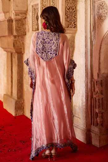 Shop_Charu And Vasundhara_Pink Silk, Organza, Tissue, Tussar, Tavleen Paisley Embroidered Kaftan Set _at_Aza_Fashions
