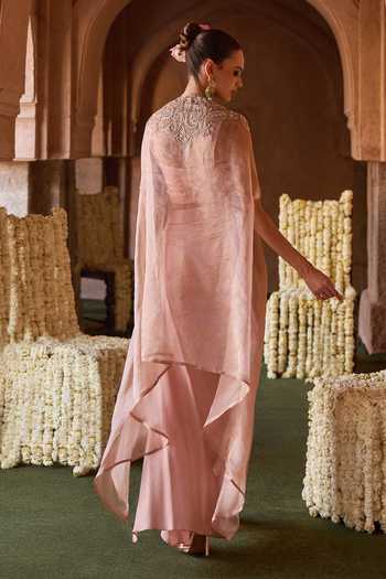 Shop_Charu And Vasundhara_Peach Silk, Taffeta, Tissue V-neck Tayrina Embroidered Cape Skirt Set _at_Aza_Fashions