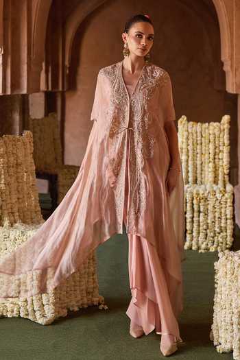 Charu And Vasundhara_Peach Silk, Taffeta, Tissue V-neck Tayrina Embroidered Cape Skirt Set _Online_at_Aza_Fashions