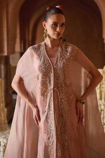 Buy_Charu And Vasundhara_Peach Silk, Taffeta, Tissue V-neck Tayrina Embroidered Cape Skirt Set _Online_at_Aza_Fashions