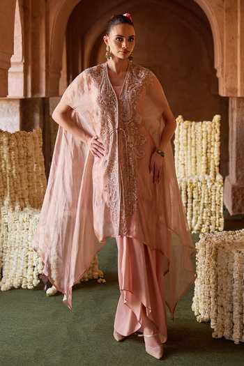Buy_Charu And Vasundhara_Peach Silk, Taffeta, Tissue V-neck Tayrina Embroidered Cape Skirt Set _at_Aza_Fashions