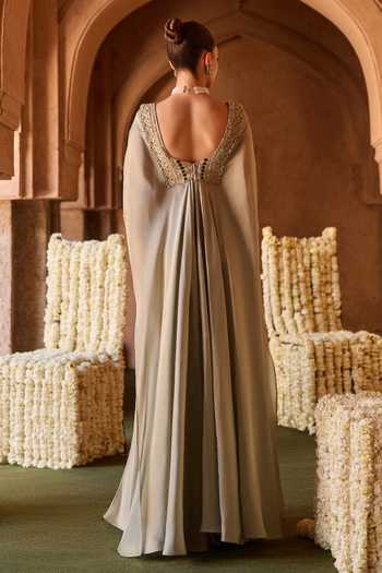 Shop_Charu And Vasundhara_Mint Silk, Taffeta Scoop Neck Tavreen Stonework Cape And Palazzo Set _at_Aza_Fashions