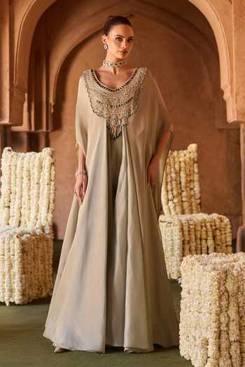 Buy_Charu And Vasundhara_Mint Silk, Taffeta Scoop Neck Tavreen Stonework Cape And Palazzo Set _at_Aza_Fashions