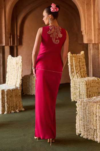 Shop_Charu And Vasundhara_Fuchsia Silk, Tissue, Taffeta V-neck Tasya Paisley Pattern Waistcoat And Skirt Set _at_Aza_Fashions