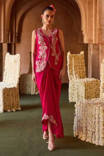 Buy_Charu And Vasundhara_Fuchsia Silk, Tissue, Taffeta V-neck Tasya Paisley Pattern Waistcoat And Skirt Set _at_Aza_Fashions
