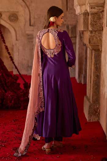 Shop_Charu And Vasundhara_Purple Silk, Georgette, Taffeta Tavisha Paisley Embroidered Anarkali And Pant Set _at_Aza_Fashions