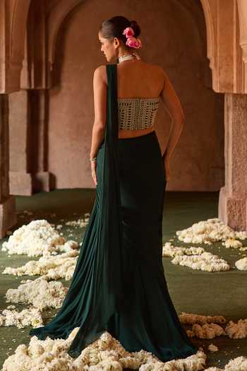 Shop_Charu And Vasundhara_Green Silk, Organza, Taffeta Tanzira Stonework Corset And Pre-draped Saree Set _at_Aza_Fashions