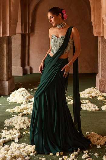 Buy_Charu And Vasundhara_Green Silk, Organza, Taffeta Tanzira Stonework Corset And Pre-draped Saree Set _at_Aza_Fashions