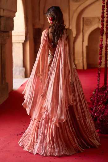 Shop_Charu And Vasundhara_Pink Tissue, Taffeta Scoop Neck Tazeen Paisley Embroidered Top Lehenga Set  _at_Aza_Fashions