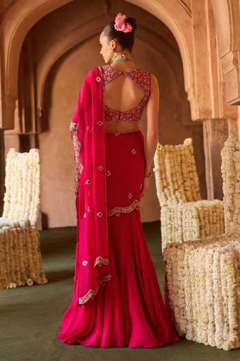 Shop_Charu And Vasundhara_Fuchsia Tissue, Taffeta Tazmeen Stonework Pre-draped Saree And Blouse Set _at_Aza_Fashions