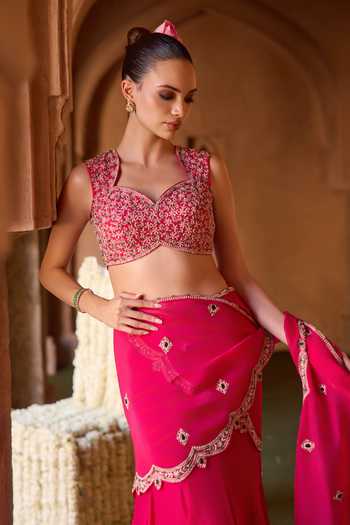 Charu And Vasundhara_Fuchsia Tissue, Taffeta Tazmeen Stonework Pre-draped Saree And Blouse Set _Online_at_Aza_Fashions