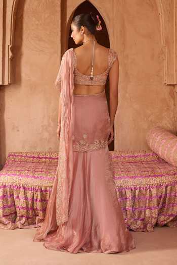 Shop_Charu And Vasundhara_Pink Net, Taffeta, Tissue Tanera Paisley Embroidered Pre-draped Saree Set _at_Aza_Fashions