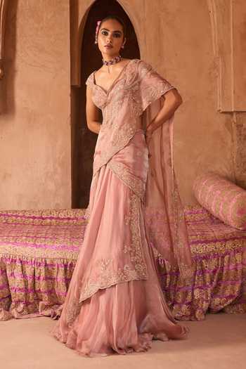 Buy_Charu And Vasundhara_Pink Net, Taffeta, Tissue Tanera Paisley Embroidered Pre-draped Saree Set _Online_at_Aza_Fashions