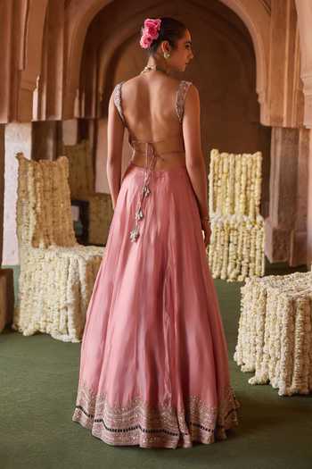 Shop_Charu And Vasundhara_Pink Silk, Net, Taffeta Stones Scoop Neck Tiyara Scallop Embroidered Lehenga Set _at_Aza_Fashions