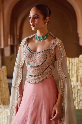 Buy_Charu And Vasundhara_Pink Silk, Net, Taffeta Stones Scoop Neck Tiyara Scallop Embroidered Lehenga Set _Online_at_Aza_Fashions