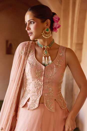 Buy_Charu And Vasundhara_Peach Tissue, Taffeta Embroidery, Zari Sweetheart Neck Tosara Lehenga Set _Online_at_Aza_Fashions
