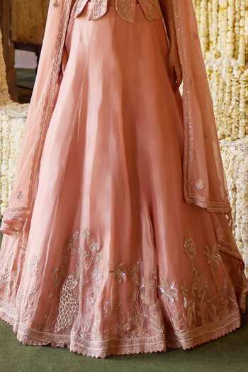 Shop_Charu And Vasundhara_Peach Tissue, Taffeta Embroidery, Zari Sweetheart Neck Tosara Lehenga Set _Online_at_Aza_Fashions