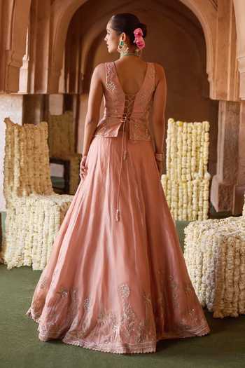 Shop_Charu And Vasundhara_Peach Tissue, Taffeta Embroidery, Zari Sweetheart Neck Tosara Lehenga Set _at_Aza_Fashions