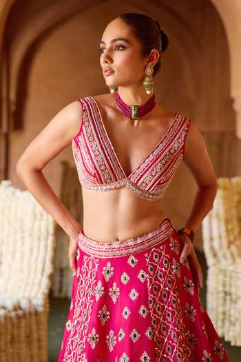 Charu And Vasundhara_Fuchsia Silk, Organza, Chanderi Silk, Taffeta Tashvini Embroidered Lehenga Set _Online_at_Aza_Fashions