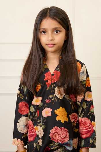 Mamma Plz_Black Chanderi Flower Print Kurta Set _Online_at_Aza_Fashions