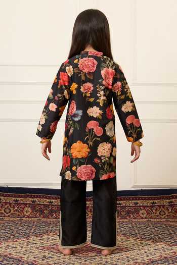 Shop_Mamma Plz_Black Chanderi Flower Print Kurta Set _at_Aza_Fashions
