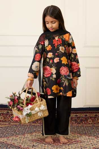 Buy_Mamma Plz_Black Chanderi Flower Print Kurta Set _Online_at_Aza_Fashions