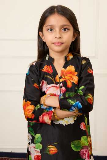 Mamma Plz_Black Chanderi Floral Print Kurta Set _Online_at_Aza_Fashions
